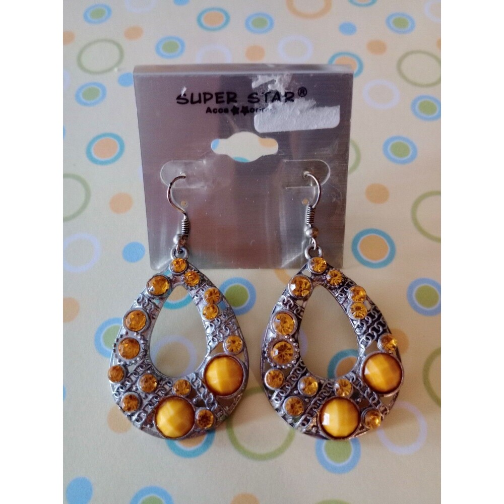 Women's Boho Yellow & Clear Rhinestone Dangle Earrings Hook Back NIP